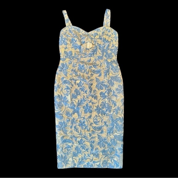 FATE, NWT, BLUE FLORAL, JACQUARD MIDI DRESS. ADJUSTABLE STRAPS. SIZE L - Picture 3 of 11